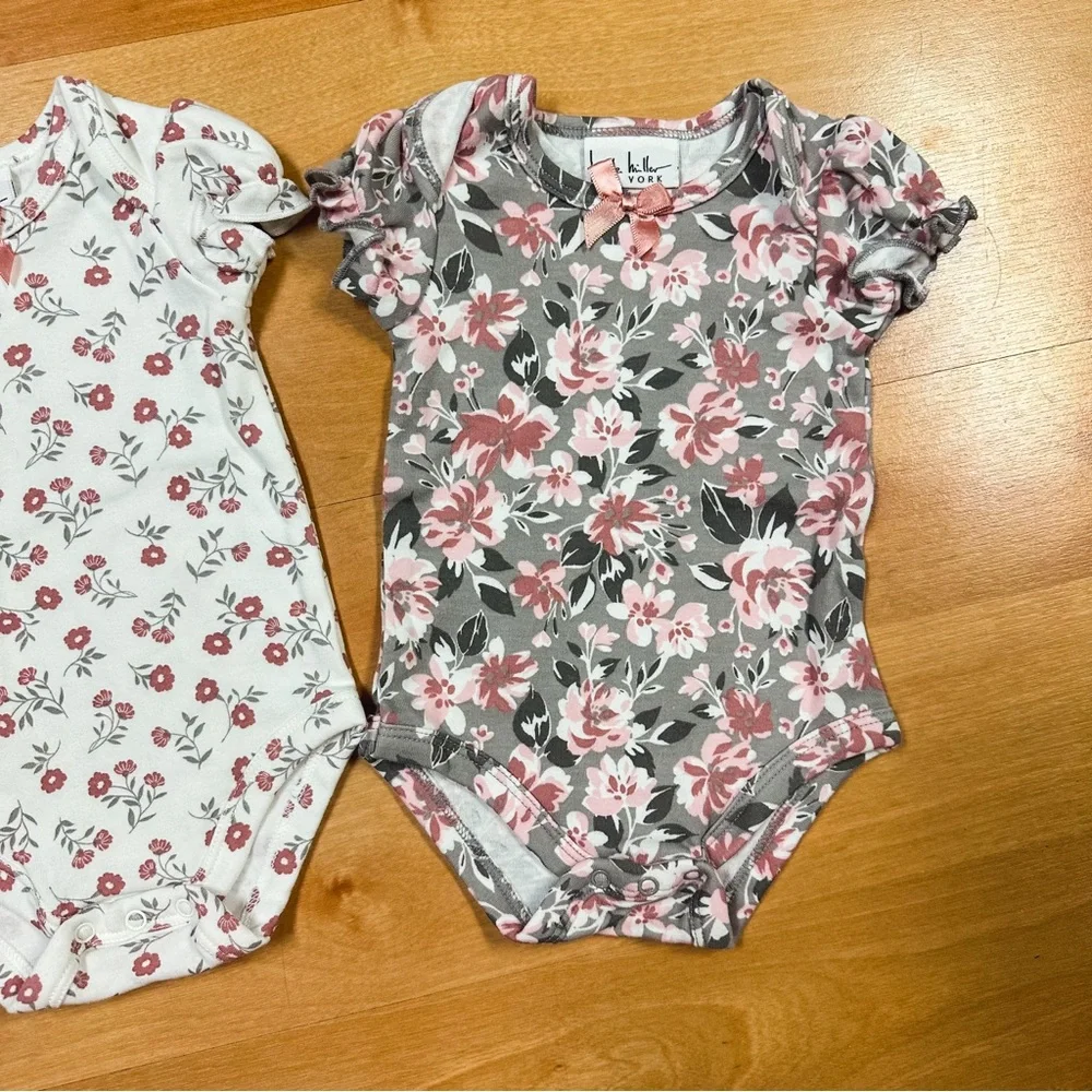 Nicole Miller Pink White & Gray Floral Ruffle 3-Piece Bodysuit Set Size 3-6M